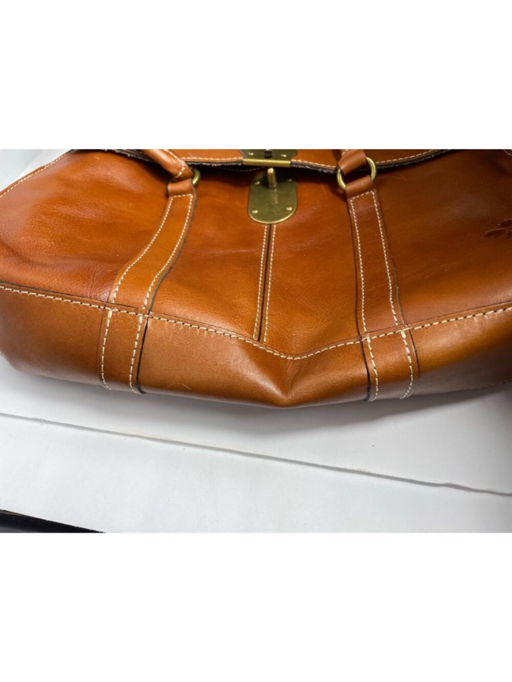 Patricia Nash Satchel Tan Leather Brass Lock Dual Handle Handbag Vintage Style - Picture 7 of 7